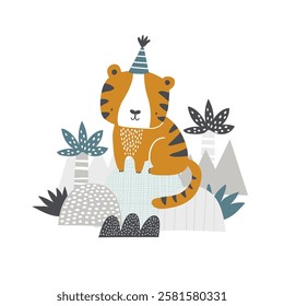 Vector illustration cute tiger in birthday cap celebrates birthday. Kid's birthday party design. Tropical. Safari party. African animals. Jungle. Card, invitation. Baby shower. Newborn.