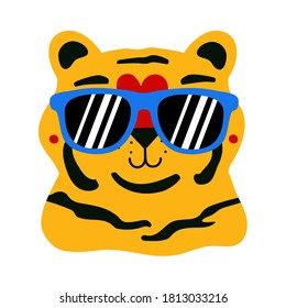 Vector illustration with cute tiger in blue sunglasses. Trendy flat style print design with wild animal, childish character for sticker or greeting card