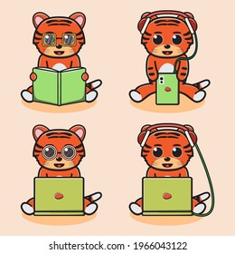 Vektorgrafik von süßem Tiger-Buch und Laptop-Cartoon. Cute Tiger Expression Charakter Design-Paket. Gut für Ikone, Logo, Label, Aufkleber, Clipkunst.