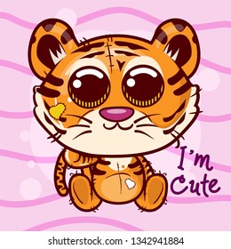 Vector illustration of a cute tiger. Can be used for baby t-shirt print, fashion print design, kids wear, baby shower celebration, greeting and invitation card. - Vector