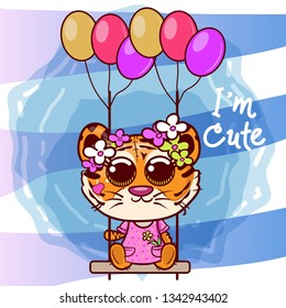 Vector illustration of a cute tiger. Can be used for baby t-shirt print, fashion print design, kids wear, baby shower celebration, greeting and invitation card. - Vector