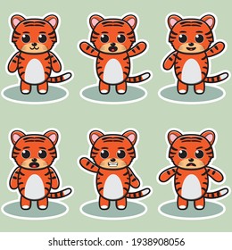 Vector illustration of cute Tiger cartoon. Cute Tiger expression character design bundle. Good for icon, logo, label, sticker, clipart.