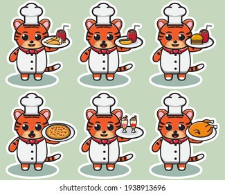 Vector illustration of cute Tiger Chef with food cartoon. Cute Tiger expression character design bundle. Good for icon, logo, label, sticker, clipart.