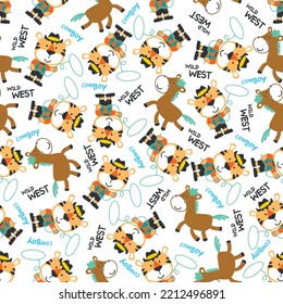 vector illustration of Cute tiger cowboy with lasso and and horse. Can be used for t-shirt print, Creative vector childish background for fabric textile, nursery wallpaper and other decoration.