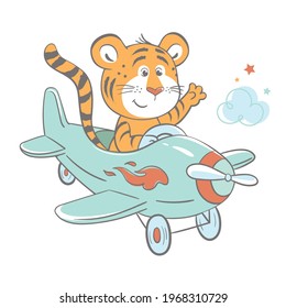 Vector illustration of a cute tiger cub, flying on a plane.