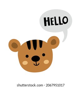 vector illustration of cute tiger cub head and hello text in a bubble, funny illustration for kids apparel and other children related products