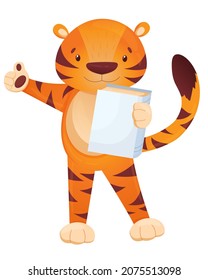 Ilustración vectorial de un lindo cachorro de tigre con un libro aislado en un fondo blanco. Año Nuevo Chino del Tigre. Personaje tirano en forma de caricatura.
