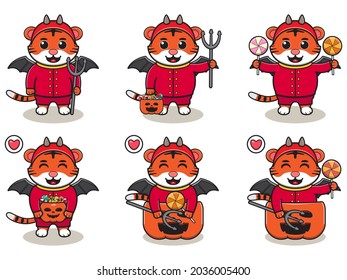 Vector illustration of cute Tiger with devil costume. Tiger character vector design. Good for label, sticker, clipart.