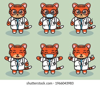 Vector illustration of cute Tiger Doctor cartoon. Cute Tiger expression character design bundle. Good for icon, logo, label, sticker, clipart.