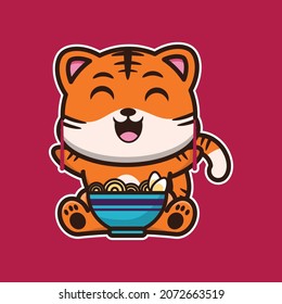 vector illustration of cute tiger eat noodles, suitable for greeting cards, birthday gifts, stickers, clothes