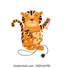 Vector illustration with a cute tiger entangled in a New Year's garland.