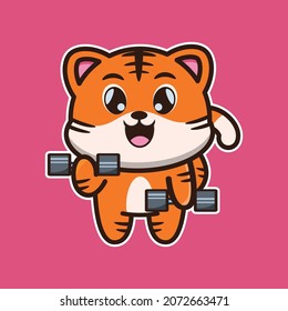  vector illustration of cute tiger exercise lifting barbells, suitable for greeting cards, birthday gifts, stickers, clothes