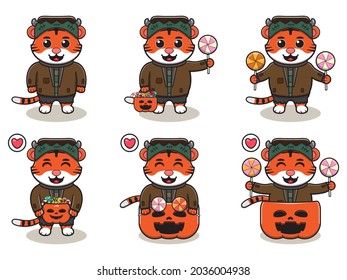 Vector illustration of cute Tiger with Frankenstein costume. Tiger character vector design. Good for label, sticker, clipart.