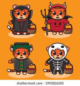 Vector illustration of cute Tiger Halloween cartoon. Dracula, Devil, Frankenstein and Skeleton costume set. Good for icon, logo, label, sticker, clipart.
