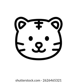 Vector illustration of a cute tiger head in line icon style, isolated on white. Suitable for wild animal, jungle, children’s, and Chinese zodiac designs.