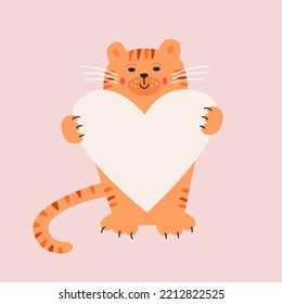 Vector illustration with cute tiger holding heart shaped frame. Concept for poster prints and postcards.
