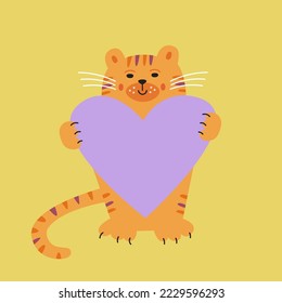 Vector illustration with cute tiger holding heart shaped frame on yellow background. Concept for poster prints and postcards.