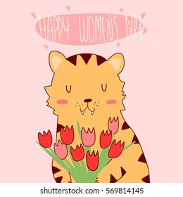 Vector illustration of cute tiger holding tulips celebrating Woman's day. Colorful celebration card in pink. Doodle style.