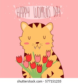 Vector illustration of cute tiger holding tulips celebrating Woman's day. Colorful celebration card in pink. Doodle style.