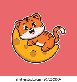  vector illustration of cute tiger hug the big moon suitable for greeting cards, birthday gifts, stickers, clothes