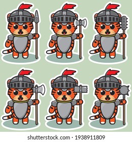 Vektorgrafik von süßem Tiger Ritter mit Big-Waffe-Cartoon. Cute Tiger Expression Charakter Design-Paket. Gut für Ikone, Logo, Label, Aufkleber, Clipkunst.