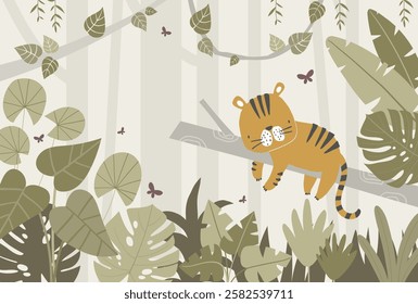 Vector illustration cute tiger lying sleeping on a branch, tropical leaves, jungle. Tropical wallpaper for children's room. Kids room design, wall decor. Mural. Wall art. African. Safari.