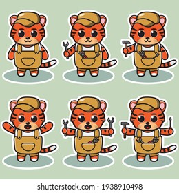 Vector illustration of cute Tiger Mechanic cartoon. Cute Tiger expression character design bundle. Good for icon, logo, label, sticker, clipart.