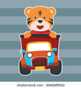 vector illustration of cute  tiger on a road trip, Can be used for t-shirt print, kids wear, invitation card. fabric, textile, nursery wallpaper, poster and other decoration.