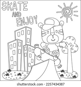 Vector illustration of cute tiger on skate board. Cartoon isolated vector illustration, Creative vector Childish design for kids activity colouring book or page.