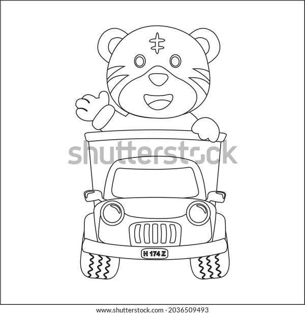 vector illustration of cute  tiger on a road trip,\
Creative vector Childish design for kids activity colouring book or\
page.