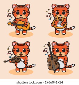 Vector illustration of cute Tiger Play music instrument cartoon. Cute Tiger expression character design bundle. Good for icon, logo, label, sticker, clipart.