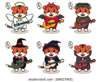 Vector illustration of cute Tiger play Guitar. Tiger character vector design. Good for label, sticker, clipart.