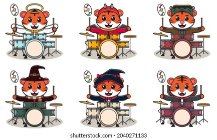 Vector illustration of cute Tiger play Drum. Tiger character vector design. Good for label, sticker, clipart.