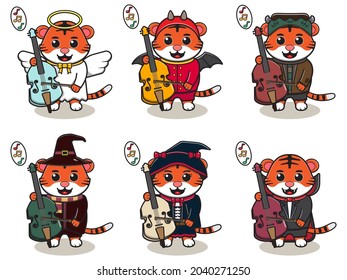 Vector illustration of cute Tiger play Cello. Tiger character vector design. Good for label, sticker, clipart.