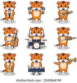 Vector Illustration of Cute Tiger playing music instruments. Set of cute Tiger characters. Cartoon animal play music. Animals musicians.