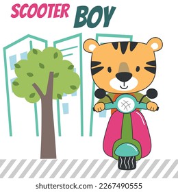 Vector illustration of cute tiger Riding Scooter. Can be used for t-shirt printing, children wear fashion designs, baby shower invitation cards and other decoration. 
