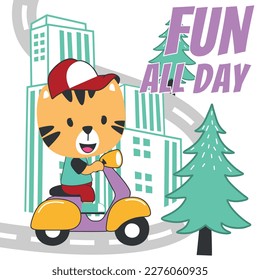 Vector illustration of cute tiger Riding Scooter. Can be used for t-shirt printing, children wear fashion designs, baby shower invitation cards and other decoration. 