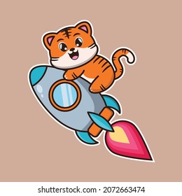 vector illustration of cute tiger rocket ride, suitable for greeting cards, birthday gifts, stickers, clothes