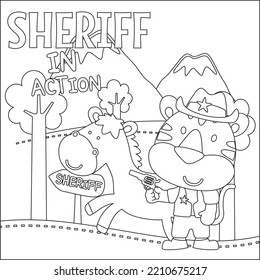 Vektorgrafik von Cute Tiger Sheriff mit Pistole und Pferd. Kinderdesign für Kinder Aktivität Farbbuch oder Seite.