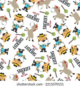 vector illustration of Cute tiger sheriff with gun and and horse. Can be used for t-shirt print, Creative vector childish background for fabric textile, nursery wallpaper and other decoration.