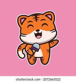 vector illustration of cute tiger sing, suitable for greeting cards, birthday gifts, stickers, clothes