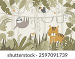 Vector illustration cute tiger, sloth, toucan, tropical leaves, jungle. Tropical wallpaper for children