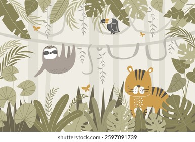 Vector illustration cute tiger, sloth, toucan, tropical leaves, jungle. Tropical wallpaper for children's room. Kids room design, wall decor. Mural. Wall art. African. Safari.