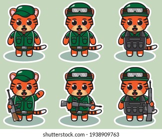 Ilustración vectorial de la tigre lindo. Conjunto de diseño de caracteres de expresión del ejército de tigres de corte. Es bueno para el icono, logotipo, etiqueta, pegatina, clipart.