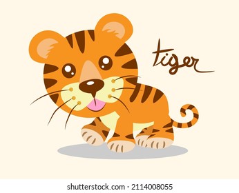 Vector illustration with cute tiger . Trendy flat style print design with wild animal,tshirt shirt childish character for sticker or greeting card eps10