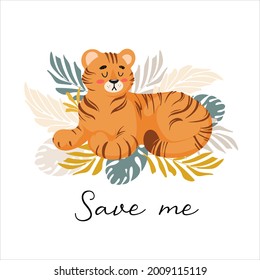 Vector illustration of a cute tiger, tropical leaves palm monstera. Animal protection. Ecology. International Tiger Day. World wildlife, Animal day. For poster, postcard, banner, animal welfare merch.
