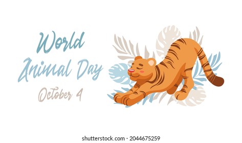 Vector illustration of a cute tiger, tropical leaves palm monstera. Animal protection. Ecology. International Tiger Day. World Animal day, wildlife. For poster, postcard, banner, animal welfare merch.