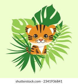 Vektorgrafik des süßen Tigers mit tropischen Blättern