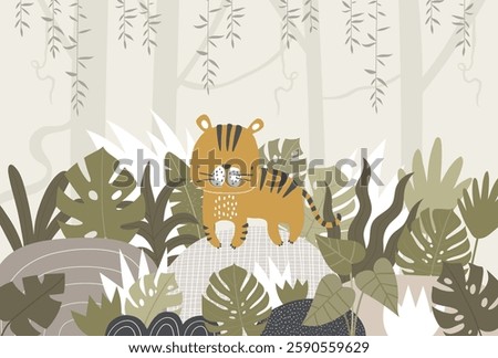 Vector illustration cute tiger, tropical leaves, jungle. Tropical wallpaper for children's room. Kids room design, wall decor. Mural. Wall art. African. Safari.