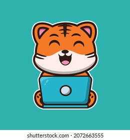 vector illustration of cute tiger working in front of a laptop, suitable for greeting cards, birthday gifts, stickers, clothes